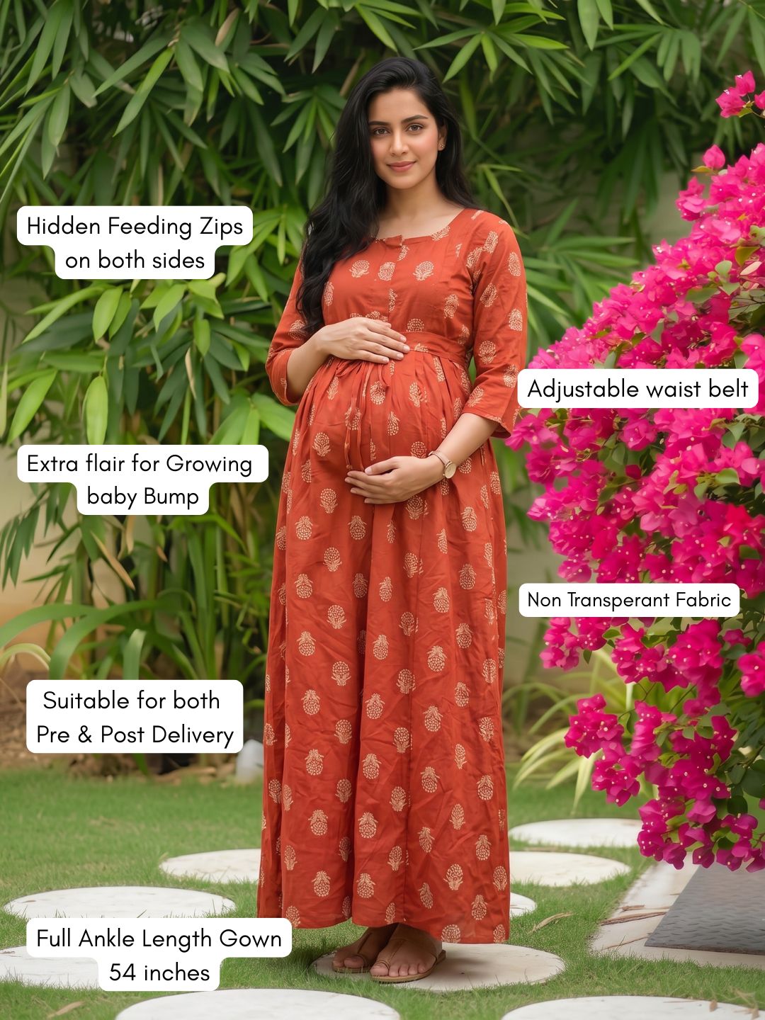Rustic Flower - Red - Maternity Dress with Feeding Zips - Pure Cotton
