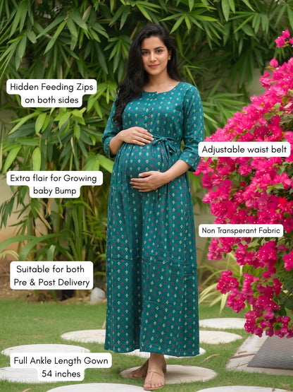 Kairavi - Sea Green - Maternity Dress with Feeding Zips - Soft Rayon