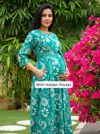 Marigold Sea Blue - Maternity Dress with Feeding Zips - Pure Cotton