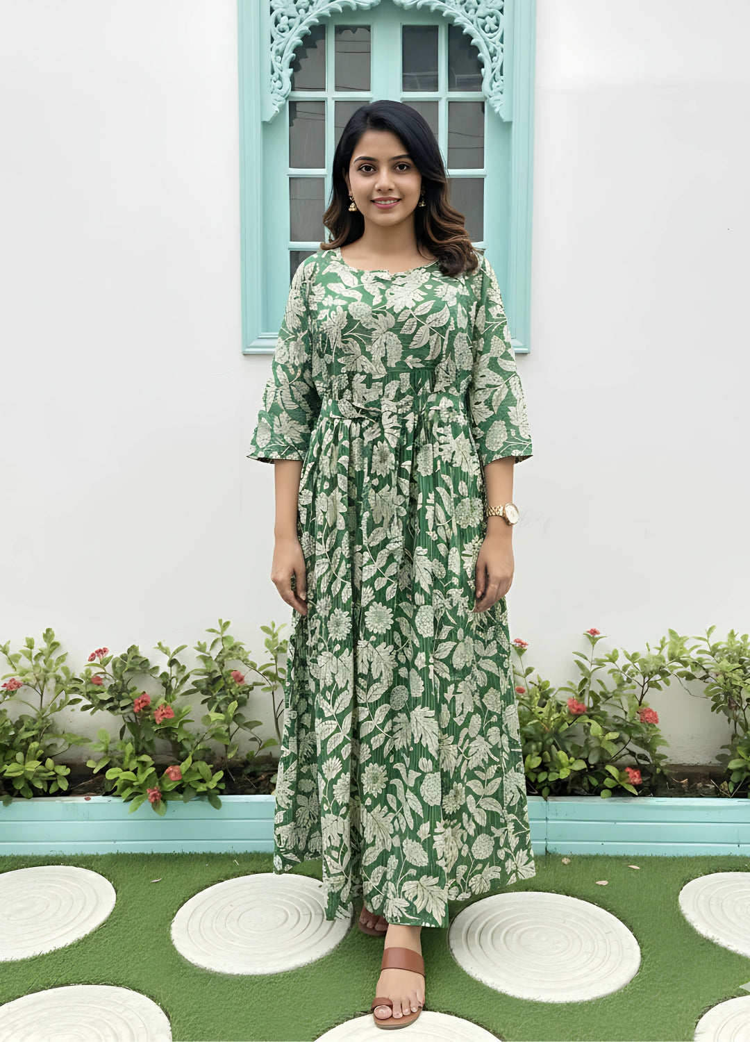 Leafy Stripes - Green - Maternity Kurti with Feeding Zips - Soft Rayon