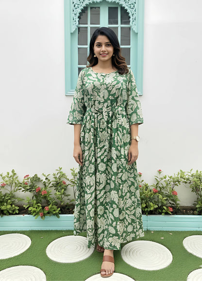 Leafy Stripes - Green - Maternity Kurti with Feeding Zips - Soft Rayon