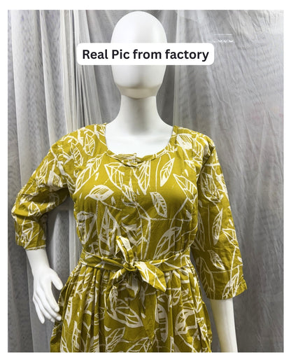 Dessert Yellow Leaf - Maternity Kurti with Feeding Zips - Soft Rayon