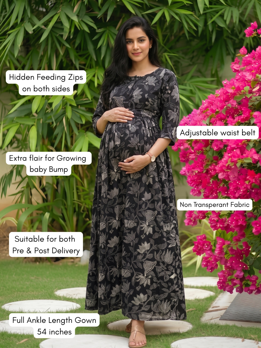 Black Lotus - Maternity Dress with Feeding Zips - Soft Rayon