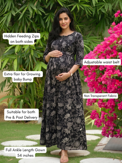 Black Lotus - Maternity Dress with Feeding Zips - Soft Rayon