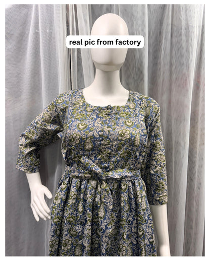 Green Blue Forrest - Maternity Kurti with Feeding Zips - Cotton Flex - Thicker Fabric