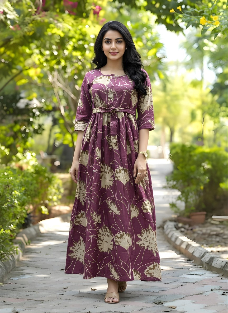 Pink Cream Flower - Maternity Kurti with Feeding Zips - Cotton Flex - Thicker Fabric