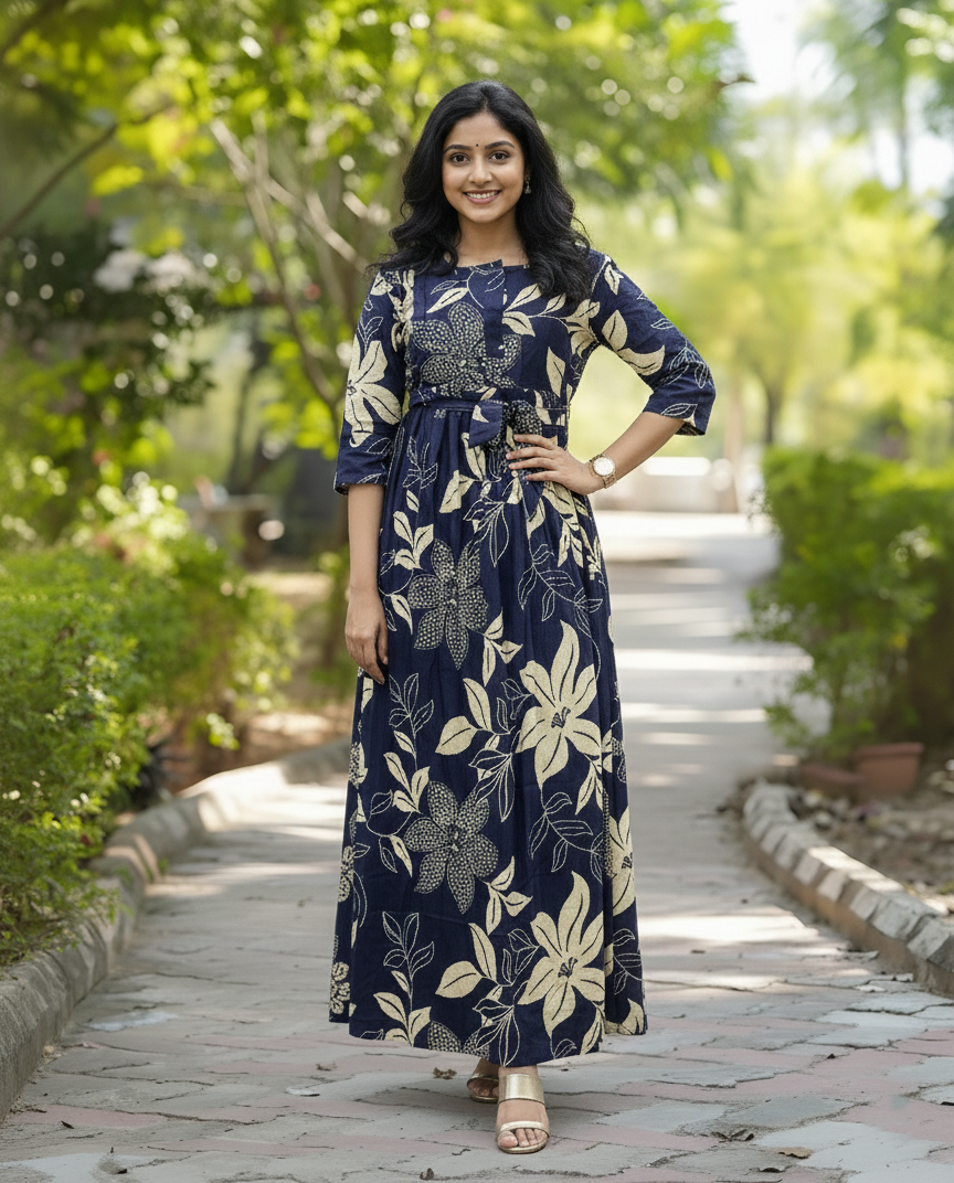 Lily flower Blue - Maternity Kurti with Feeding Zips - Cotton Flex - Thicker Fabric