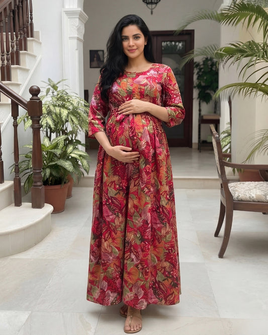 Forrest - Grey Pink Maroon - Maternity Kurti with Feeding Zips - Soft Rayon