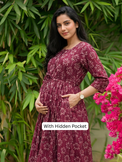 Iris Flower  - Wine - Maternity Kurti with Feeding Zips - Cotton Flex - Thicker Fabric
