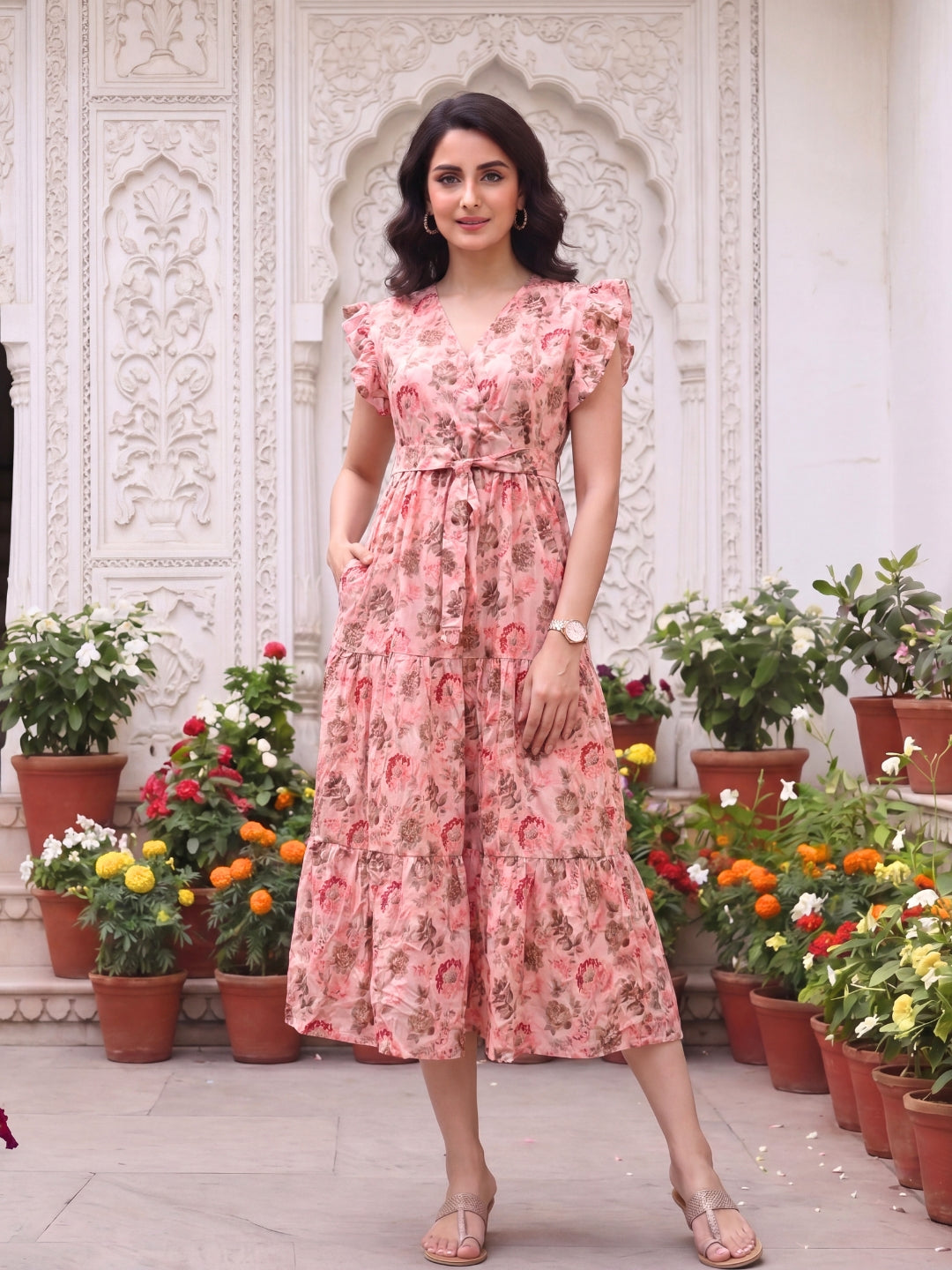 Pink Grey Flower - Sleevless Midi Dress - Soft Rayon
