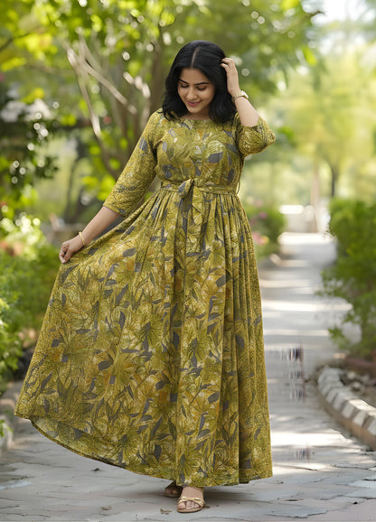 Floral - GREEN - Maternity Kurti with Feeding Zips - Soft Rayon