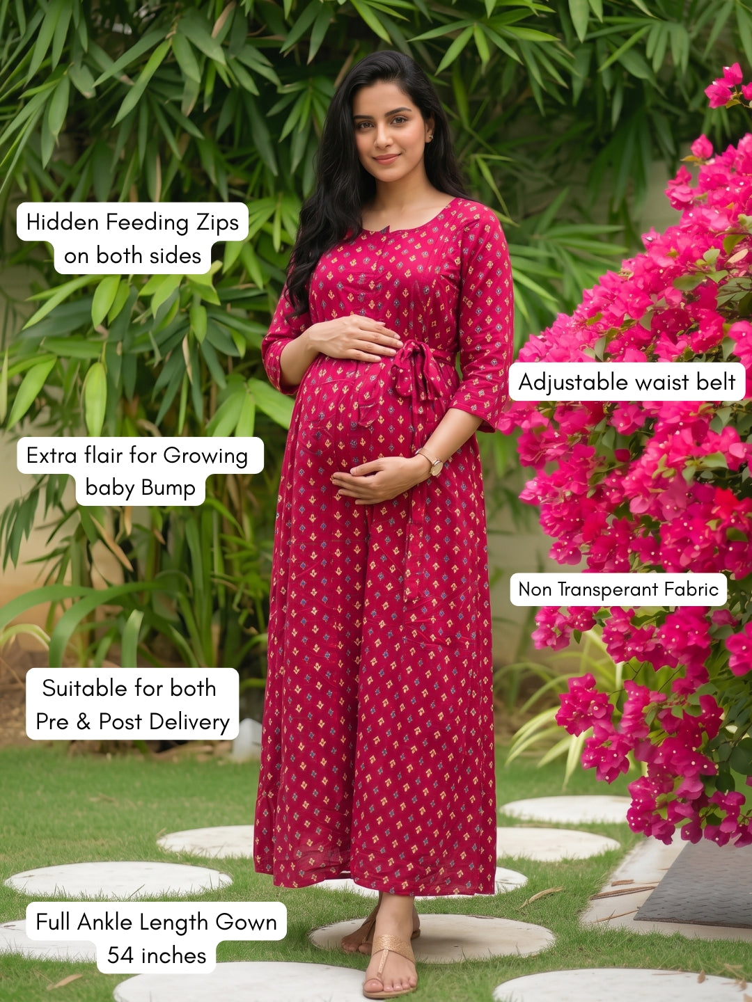 Kairavi - Pink - Maternity Dress with Feeding Zips - Soft Rayon