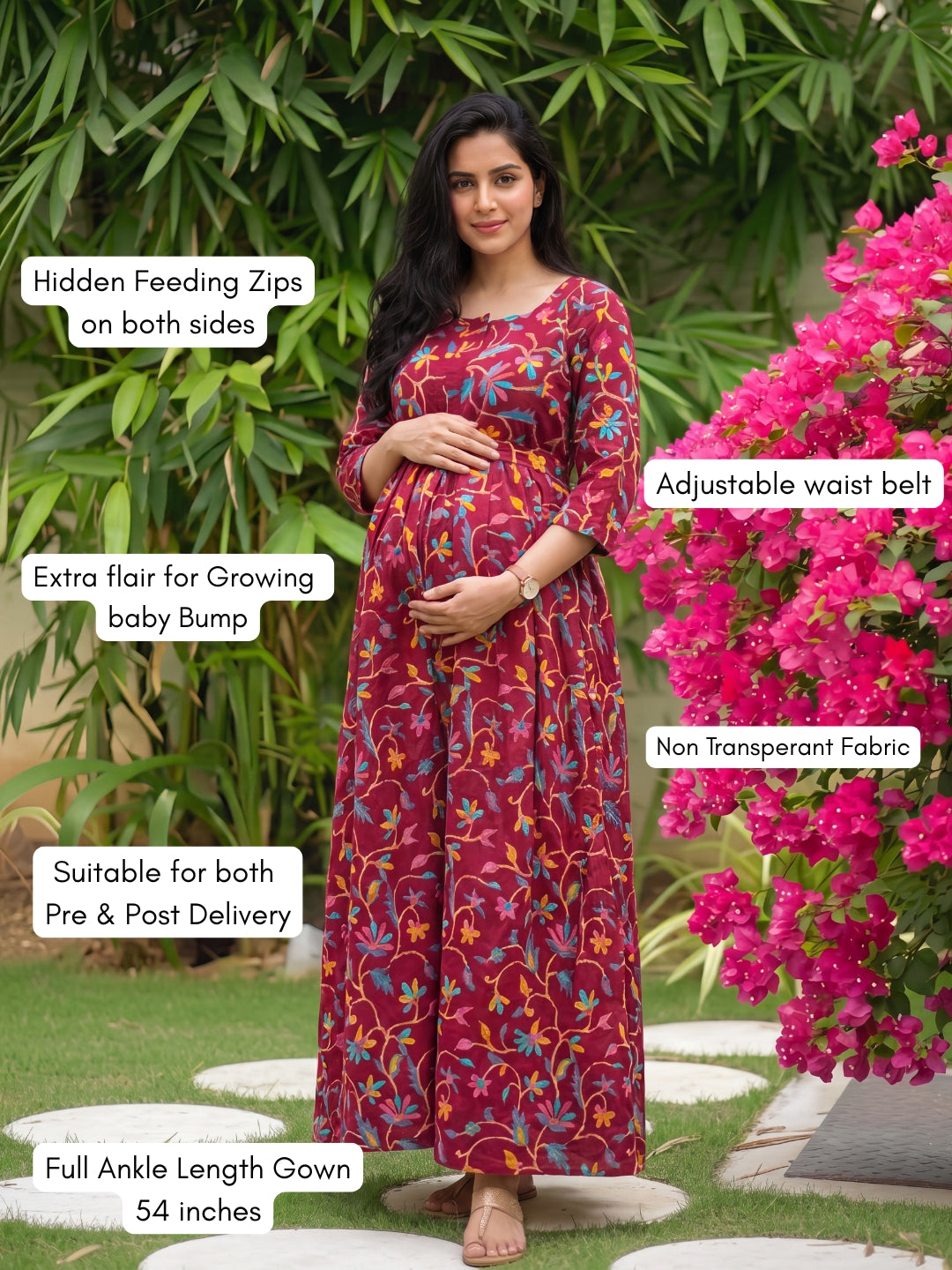 Red Daisy - Maternity Kurti with Feeding Zips - Pure Cotton