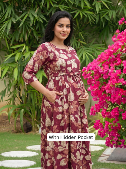 Pastel Maroon - Maternity Dress with Feeding Zips - Soft Rayon