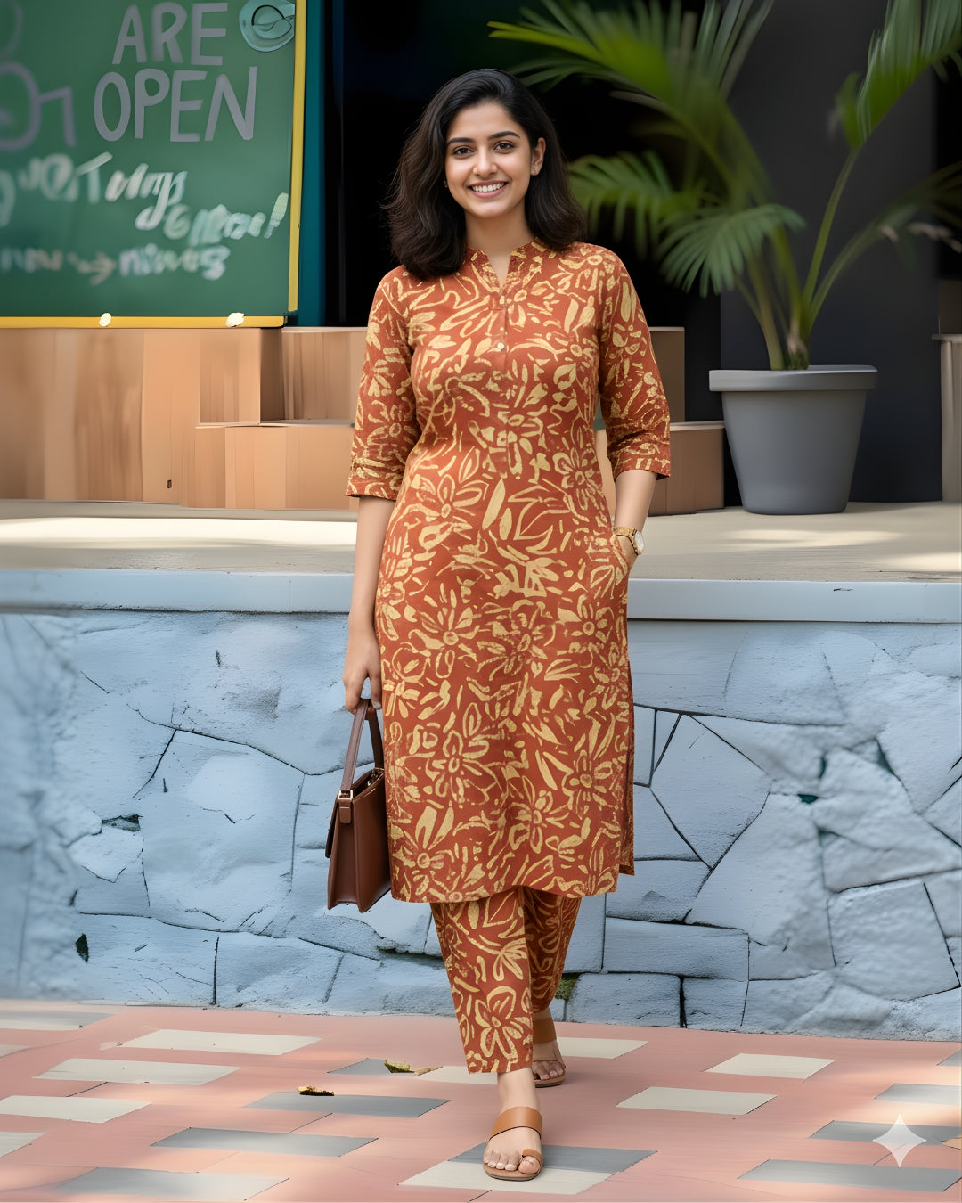 Knee Length - Orange Sketch Flower - Cord Sets - Soft Rayon