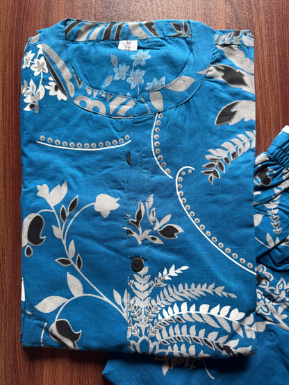 Knee Length - Blue Black Flower - Cord Sets - Pure Cotton