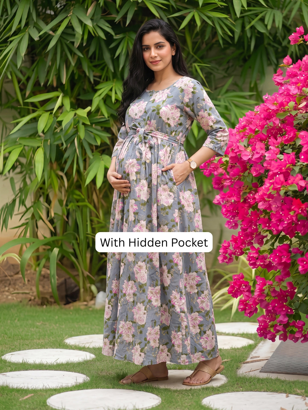 Exotic Flower - Sky Blue - Maternity Dress with Feeding Zips - Pure Cotton