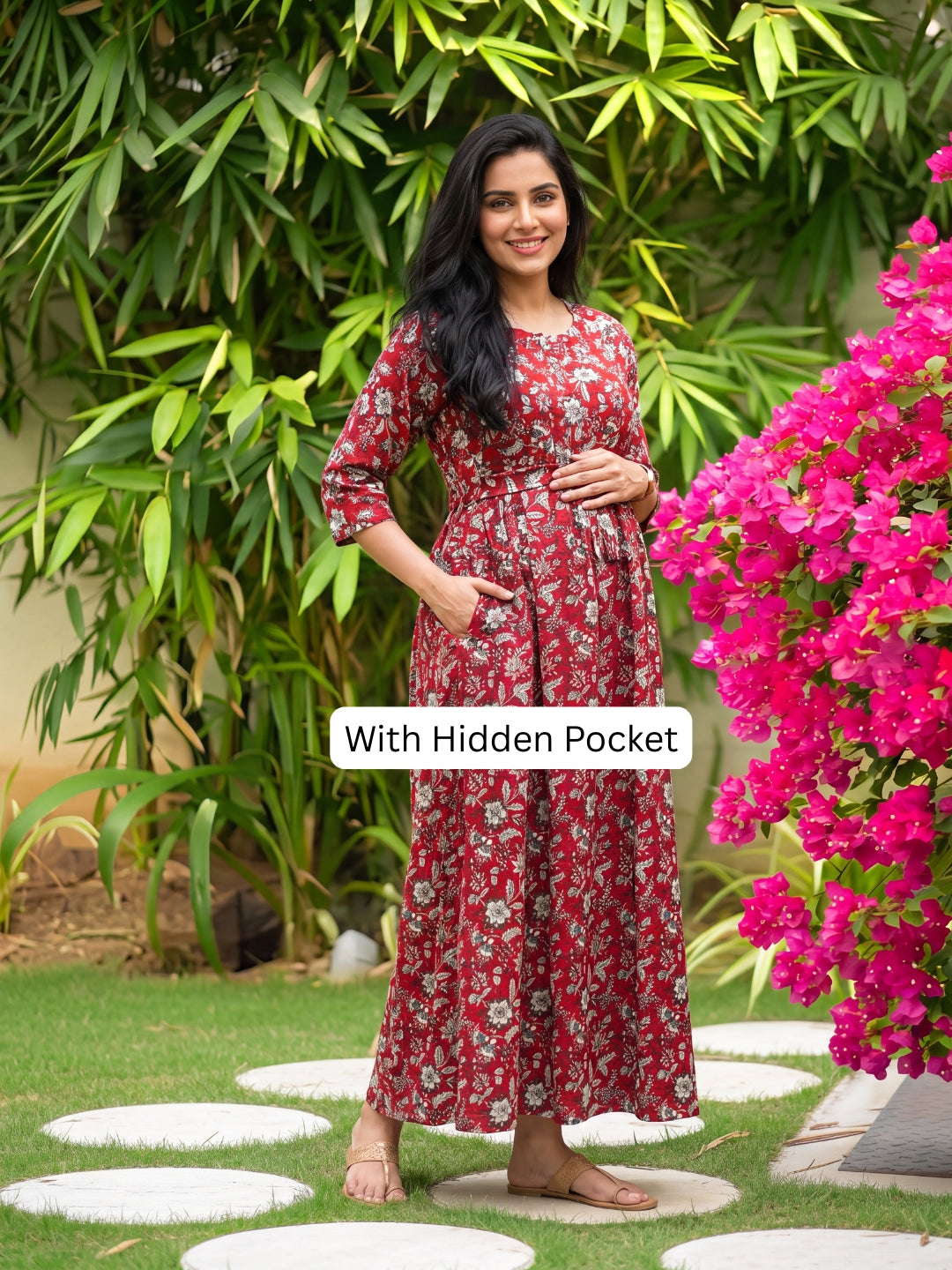 Maroon Forrest Print - Maternity Kurti with Feeding Zips - Cotton Flex - Thicker Fabric