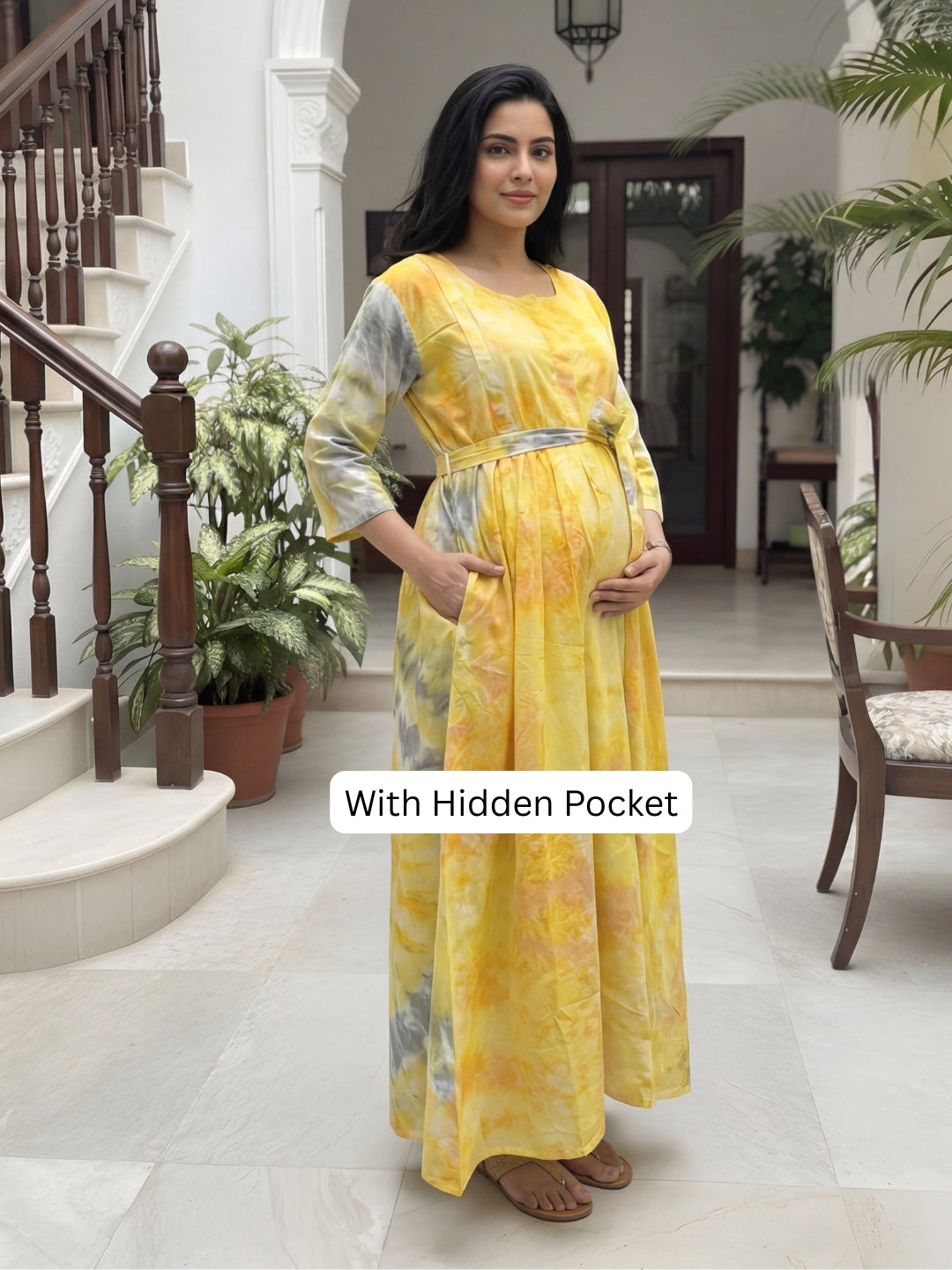 Tye Dye - Yellow Grey - Maternity Kurti with Feeding Zips - Soft Rayon