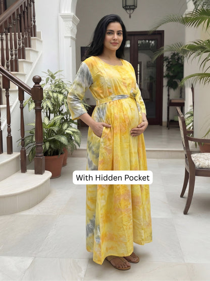 Tye Dye - Yellow Grey - Maternity Kurti with Feeding Zips - Soft Rayon