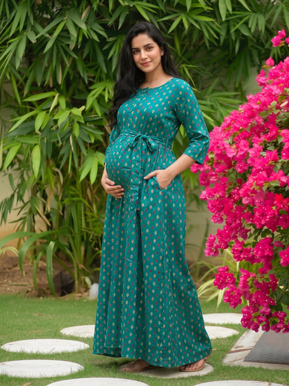 Kairavi - Sea Green - Maternity Dress with Feeding Zips - Soft Rayon