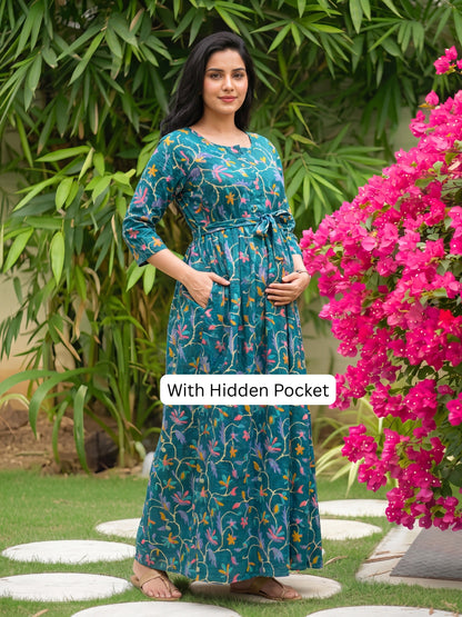 Daisy Sea Green - Maternity Dress with Feeding Zips - Pure Cotton