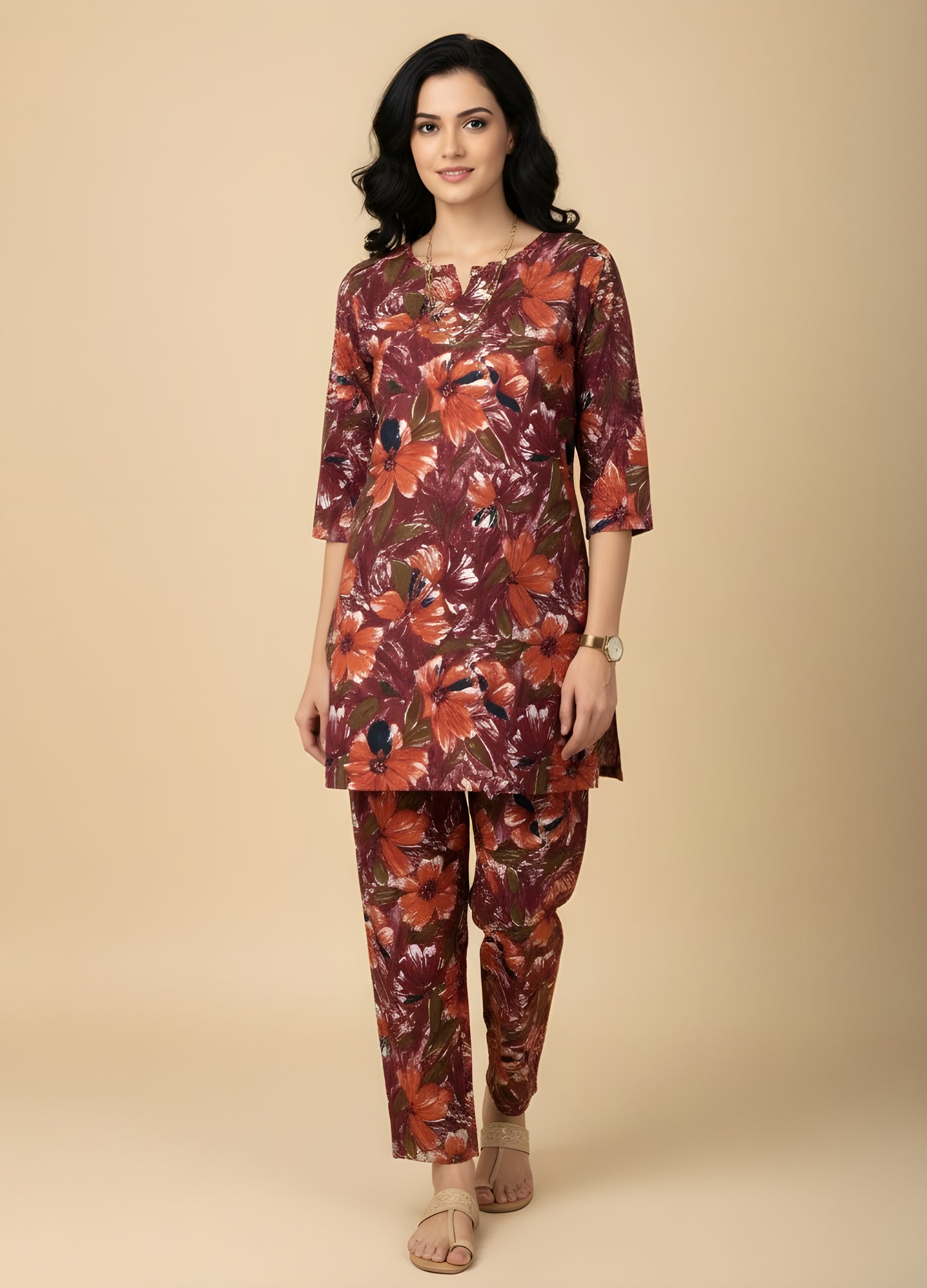 Floral Wine - Cord Set - Soft Rayon