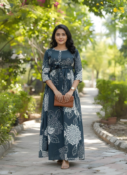 Sea Grey Big Flower - Maternity Kurti with Feeding Zips - Soft Rayon