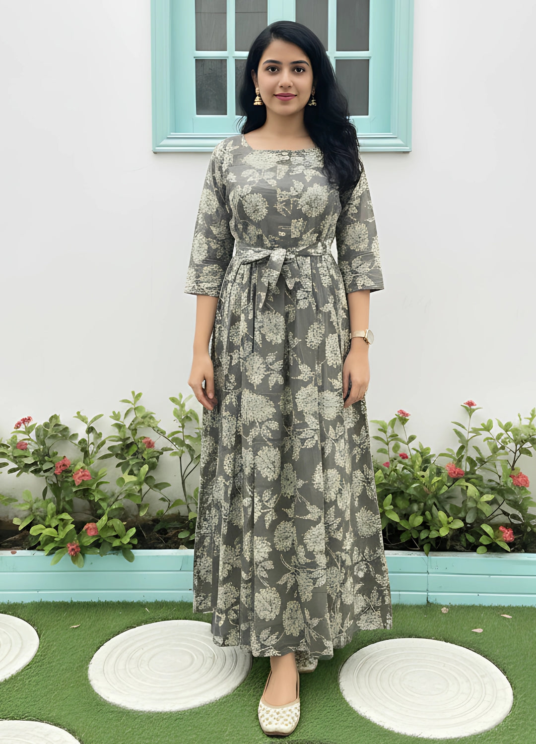 White Grey Flower - Maternity Kurti with Feeding Zips - Soft Rayon