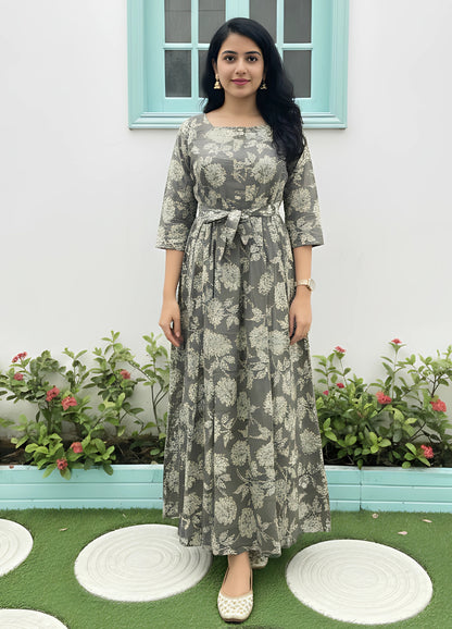 White Grey Flower - Maternity Kurti with Feeding Zips - Soft Rayon