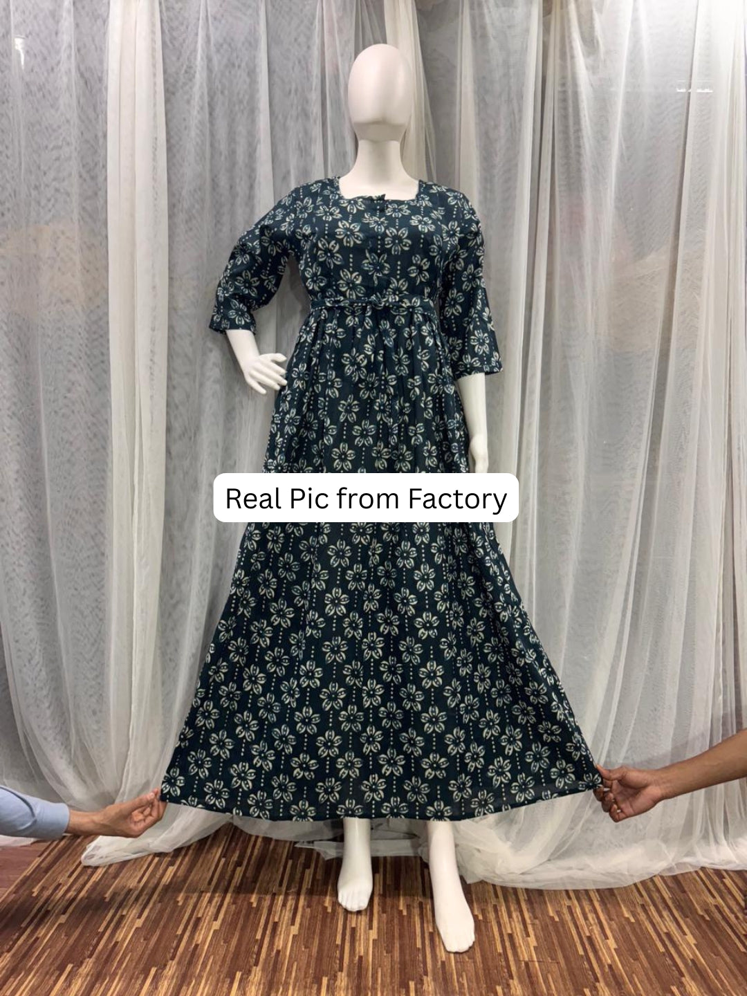 Iris Flower  - Peacock Blue - Maternity Kurti with Feeding Zips - Cotton Flex - Thicker Fabric