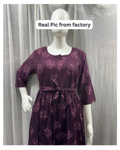 Sketch Purple Flower - Maternity Kurti with Feeding Zips - Soft Rayon