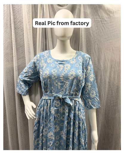 Sky Blue Sunflower - Maternity Kurti with Feeding Zips - Soft Rayon