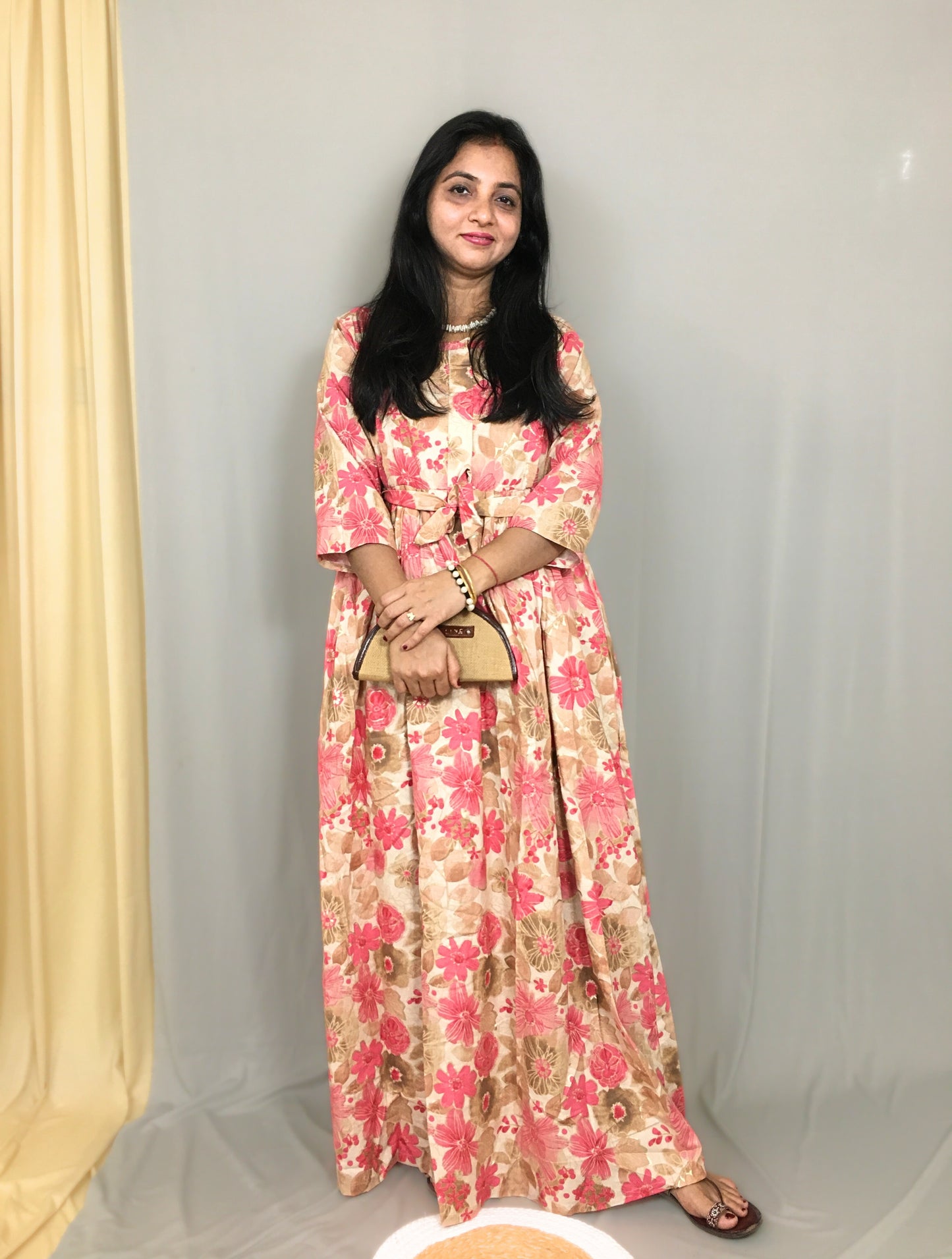 Daisy Baby Pink & Brown - Maternity Kurti with Feeding Zips - Cotton Flex - Thicker Fabric