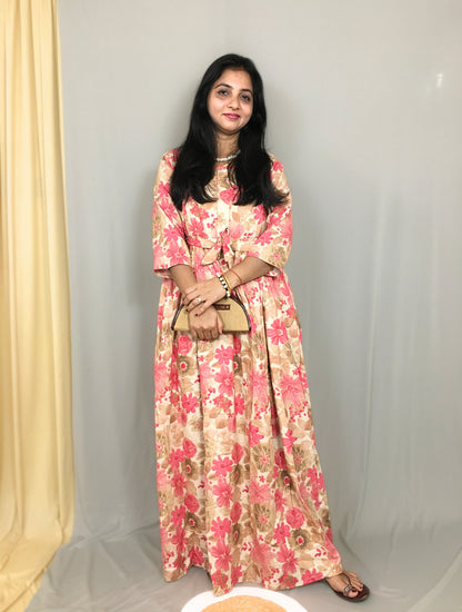 Daisy Baby Pink & Brown - Maternity Kurti with Feeding Zips - Cotton Flex - Thicker Fabric
