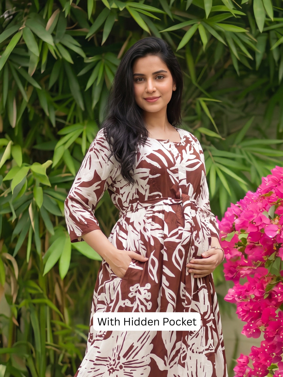Hibiscus - Brown - Maternity Dress with Feeding Zips - Soft Rayon