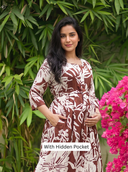 Hibiscus - Brown - Maternity Dress with Feeding Zips - Soft Rayon