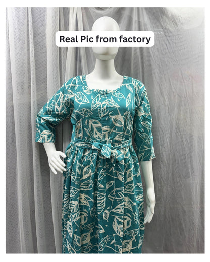 Sea Green White Leaf - Maternity Kurti with Feeding Zips - Soft Rayon