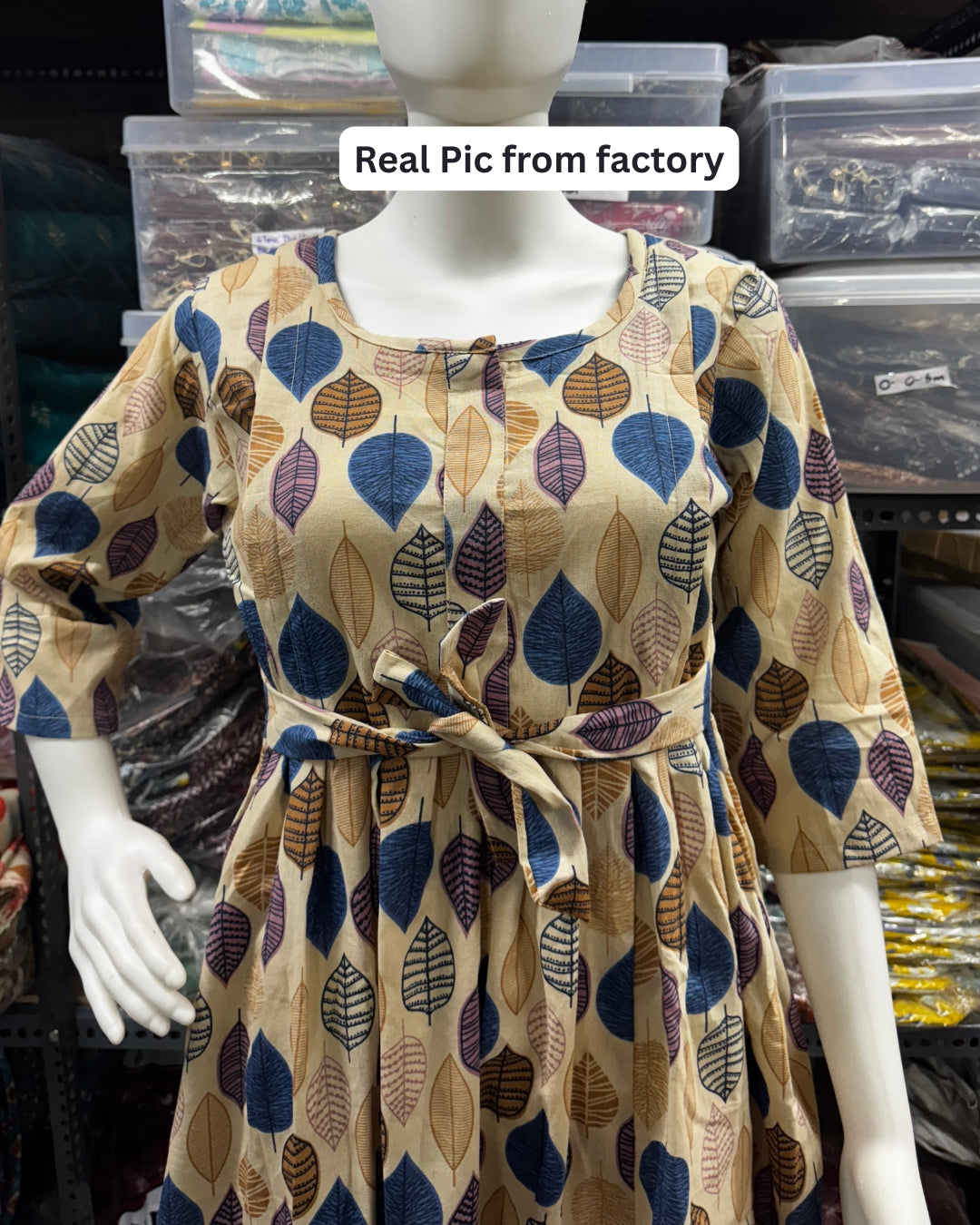 Blue Brown Petals - Maternity Kurti with Feeding Zips - Cotton Flex - Thicker Fabric