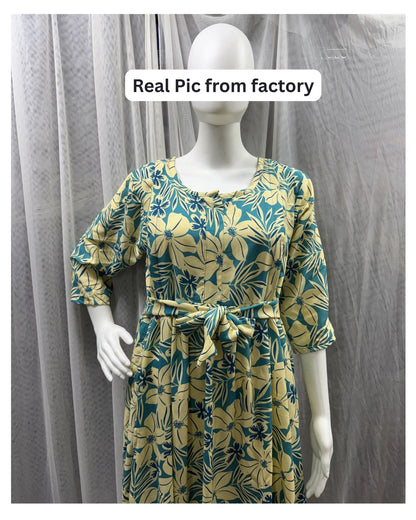 Sky Blue Cream Flower - Maternity Kurti with Feeding Zips - Soft Rayon