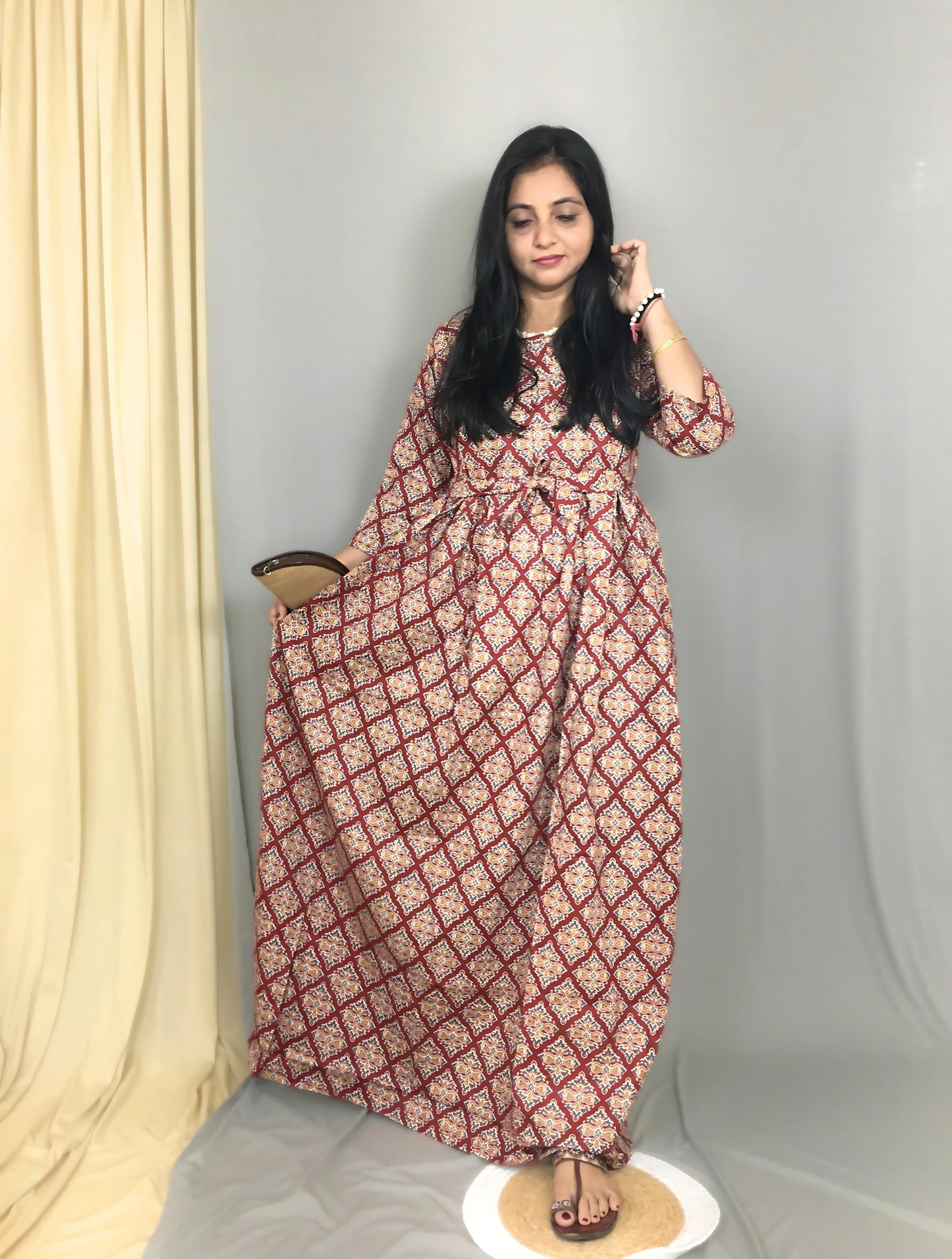 Dessert Flower - Red - Maternity Kurti with Feeding Zips - Cotton Flex - Thicker Fabric