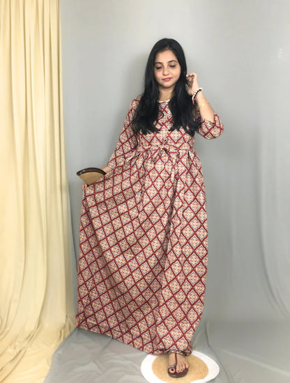 Dessert Flower - Red - Maternity Kurti with Feeding Zips - Cotton Flex - Thicker Fabric