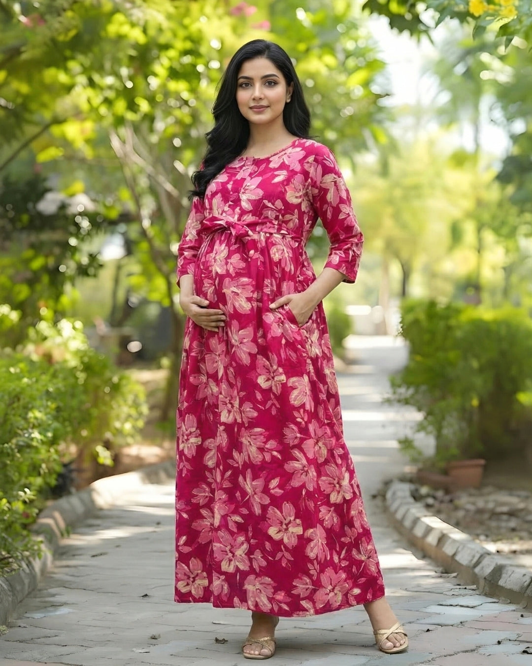 Jasmine White Pink - Maternity Kurti with Feeding Zips - Cambric Cotton