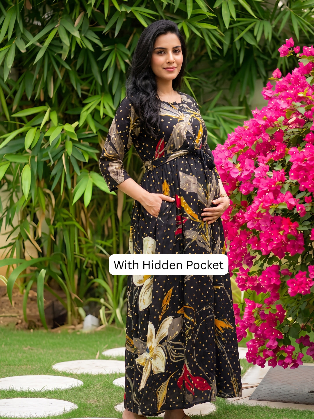 Nerium Flower - Black - Maternity Kurti with Feeding Zips - Soft Rayon