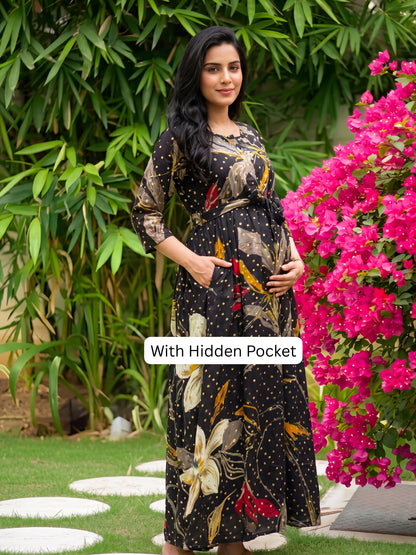 Nerium Flower - Black - Maternity Kurti with Feeding Zips - Soft Rayon