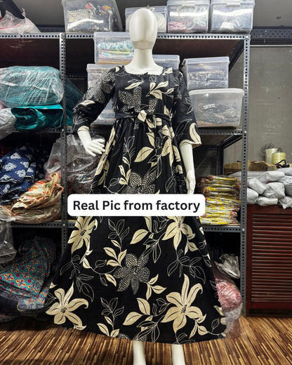 Lily Flower Black - Maternity Kurti with Feeding Zips - Cotton Flex - Thicker Fabric