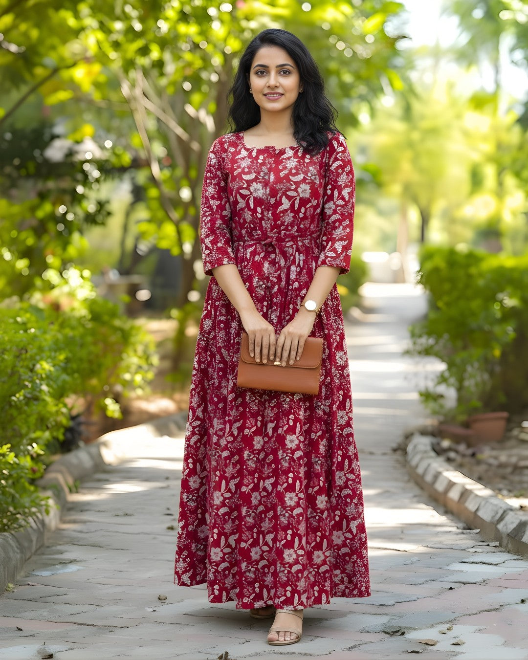 Maroon Forrest Print - Maternity Kurti with Feeding Zips - Cotton Flex - Thicker Fabric