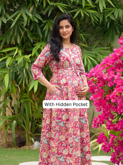 Pink Garden - Maternity Dress with Feeding Zips - Soft Rayon