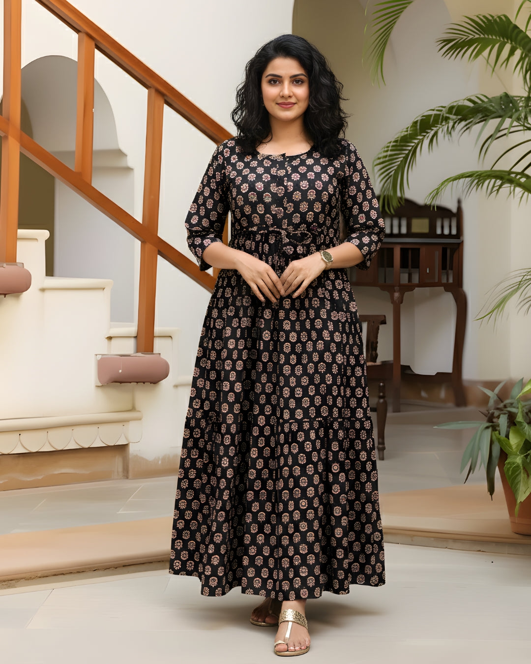 Ajrakh Sunflower Black - Maternity Kurti with Feeding Zips - Cotton Flex - Thicker Fabric