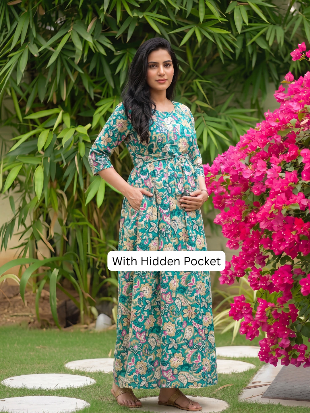 Sea Green Garden - Maternity Dress with Feeding Zips - Soft Rayon
